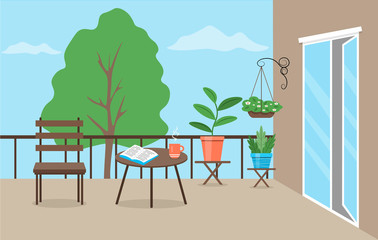 Garden furniture and flower pots on the balcony. Balcony decorated with plants. Cute vector illustration in a flat style.