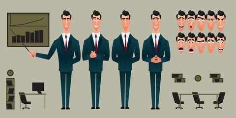 Set of Cartoon character expressions. Emotional face. Variants of emotions. Flat style vector illustration isolated on ofice background. Businessman presents an idea.	