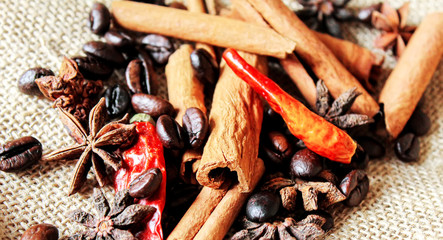 coffee beans. anise star. brown. selectiv  focus