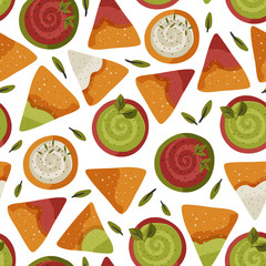 Nacho seamless vector pattern. Traditional Mexican tasty snack illustration with tomato, cheese and avocado sauce. Cartoon background in a flat style.