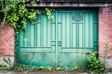 Old green steel door closed with beautiful design