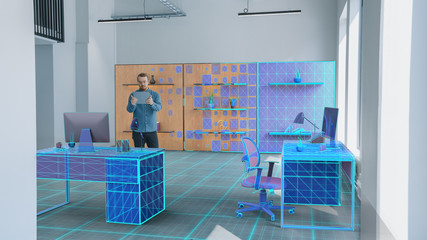 New Home Office: Modern Interior Designer Uses Augmented Reality Software on Digital Tablet...