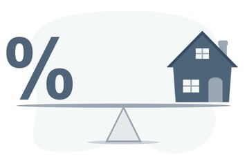 Balance Between Percentage And House Model On Seesaw. Vector flat design illustration.