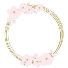 Pink flowers frame, cherry blossom, sakura on the yellow gold rings. Invitations card, Save the date, celebrate background. Vector isolated painting art