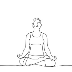 girl in sportswear sits cross-legged and meditates. One continuous line drawing of a girl engaged in yoga, meditation, relaxation, relaxation, mental health, Can be used for animation.