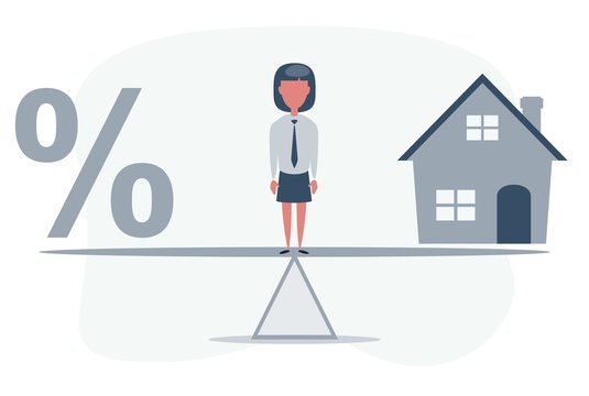 Percentage Symbol Icon And House Scale In Equal Position. Financial Management Concept Depicts Short Term Borrowing For A Residence. Vector Flat Design Illustration.