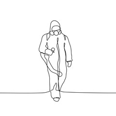 Man wearing protective suits disinfecting space with spray chemicals to prevent the spreading of the coronavirus. One continuous black line art on white background. It can be used for animation.