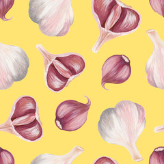 whole garlic, half and slice in peel - seamless print isolated on yellow square background. Raster hand drawn gouache illustration of garlic in a realistic style