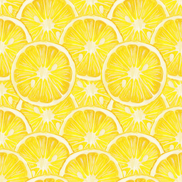 Hand drawn round slice of lemon cut - square seamless print. Tight pattern of lemon rings. Lemon - Raster hand drawn in realistic style seamless pattern