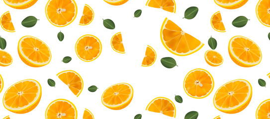 Fresh Orange pattern with green leaf. Fresh orange slices on white background. Orange close-up. Realistic Vector illustration