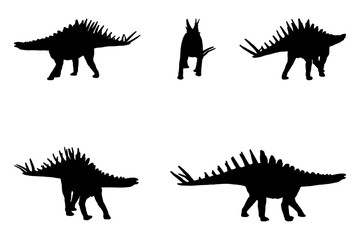 Fototapeta na wymiar 5 black and white set vector dinosaur kentosaurus dino silhouette isolated on white background