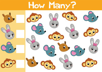 Counting animal game illustration for preschool kids in vector format. How many are there?