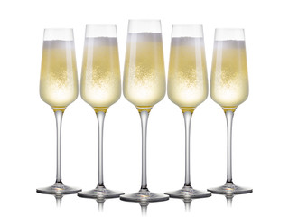 Set of luxury champagne glasses in a row isolated on a white background