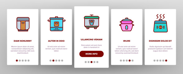 Rice Cooker Equipment Onboarding Icons Set Vector. Rice Cooker Electronic Device For Cooking Meal, Kitchen Utensil For Boil Illustrations
