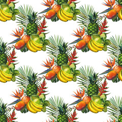 Fototapeta premium Watercolor seamless floral pattern with fruts hand drawing decorative background. Hand drawn watercolor illustration. Print for textile, cloth, wallpaper, scrapbooking