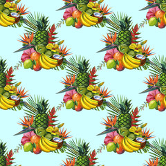 Fototapeta premium Watercolor seamless floral pattern with fruts hand drawing decorative background. Hand drawn watercolor illustration. Print for textile, cloth, wallpaper, scrapbooking