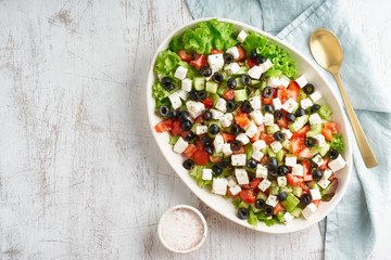 Greek salad Horiatiki with feta cheese, vegeterian mediterranean food, low calories diet