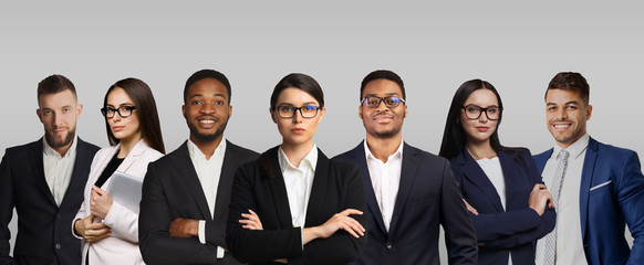 Successful business people in formal attire smiling on grey background, collage