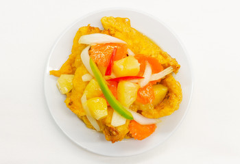 Sweet and sour chicken Chinese style on white background,Top view.