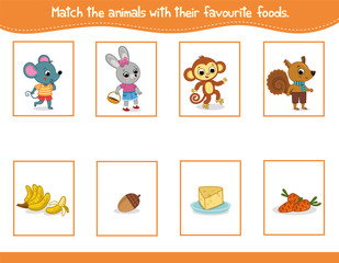 Match the animals with their favorite foods. Vector illustration. 