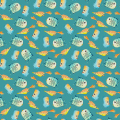 Blue and orange cartoon fish seamless pattern on white