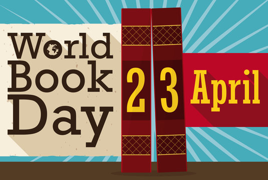 Scroll and Books with Reminder Date for World Book Day, Vector Illustration