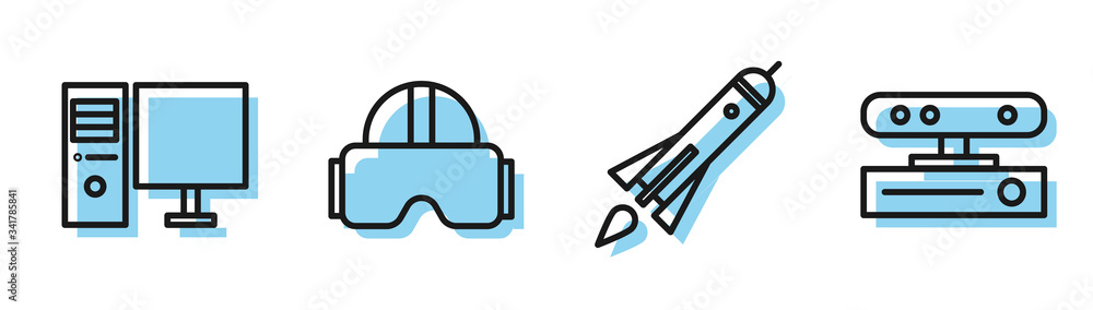 Poster set line rocket ship with fire, computer monitor, virtual reality glasses and motion sensor icon. ve