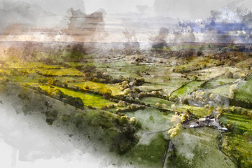 Digital watercolor painting of Stunning landscape image of Peak District countryside at sunrise on Autumn Fall morning