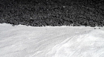 Panoramic background of table salt and hard coal. Contrast of natural textures.