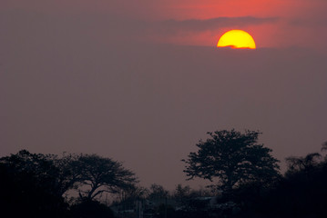 Setting the Sun at dusk from Guatemala City, silhouetted by mountains and trees, peaceful dusk in the middle of the Covid 19 pandemic Central America.