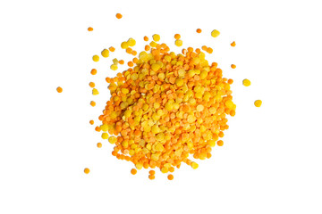 Handful of yellow lentils isolated on a white background