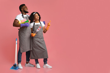 Cheerful African Couple Holding Cleaning Supplies And Pointing At Copy Space