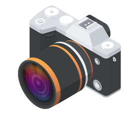 Retro-style isometric digital photo camera with a colorful lens. Isolated on white background.