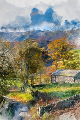 Obraz premium Digital watercolor painting of Old derelict farm buildings in Autumn Fall landscape image in Lake District with Sleet Fell in background with epic light on the fells