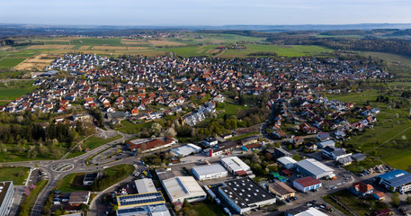 Aerial view of the village Wimsheim in Germany on an early spring morning.