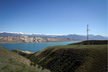 Fototapeta na wymiar Toktogul Reservoir and Tian Shan mountains view by spring, Kyrgyzia