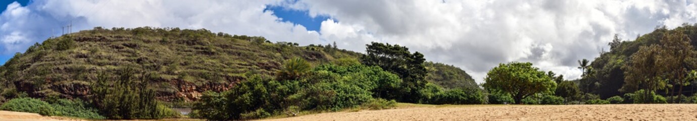 Fototapeta na wymiar Panoramic view of green landscape near beach in Oahu Hawaii
