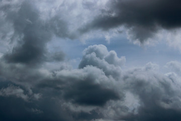 Blurry image of cloudy sky. Blue sky and dark clouds. Colorful nature background.
