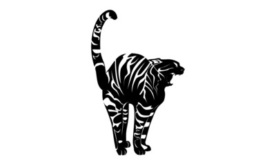 Fototapeta na wymiar Tabby striped black and white yawning cat vector. Isolated monochrome zebra cat icon.