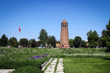 Uzgen minaret view by spring, Kyrgyzia