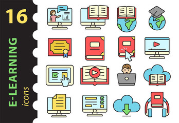Set of icons for online learning in color. Concept e-learning. Vector illustration in flat style.