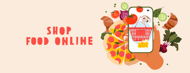 Hand holding phone and variety of food elements. Online food shopping banner. Local market and grocery shop. Online food purchase. Food delivery services. Trendy hand-drawn vector banner design.