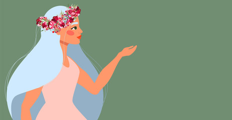 Girl in a floral wreath. Beautiful female wearing a wreath made of red flowers. Blue hair beauty. Green hand-drawn banner, card template. Spring and summer vector. Beauty and nature concept.