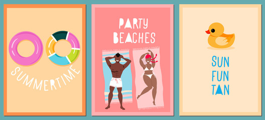 Funny quote summer cards. Modern hand-drawn vector cards. Summertime holiday concept. Tropical vibe summer templates. Boy and girl sunbathing, pool rings, and funny bath duck.