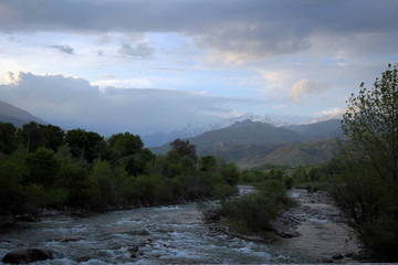 Scenic bright view of Torkent River by spring, Central Kyrgyzia