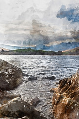 Digital watercolor painting of Beautiful moody landscape of Llynnau Mymbyr with Snowdon peak in distance in Winter