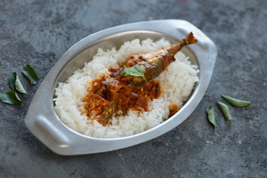 fish curry with rice, indoor lighting setup