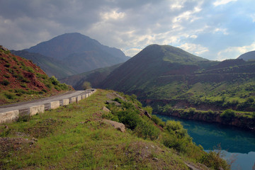 Scenic view of Naryn River near Toktogul Dam, Kyrgyzia