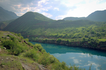 Naklejka na ściany i meble Scenic view of Naryn River near Toktogul Dam, Kyrgyzia