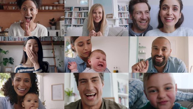 group video chat family and friends waving at baby greeting newborn over internet connection faces of people chatting sharing happiness online